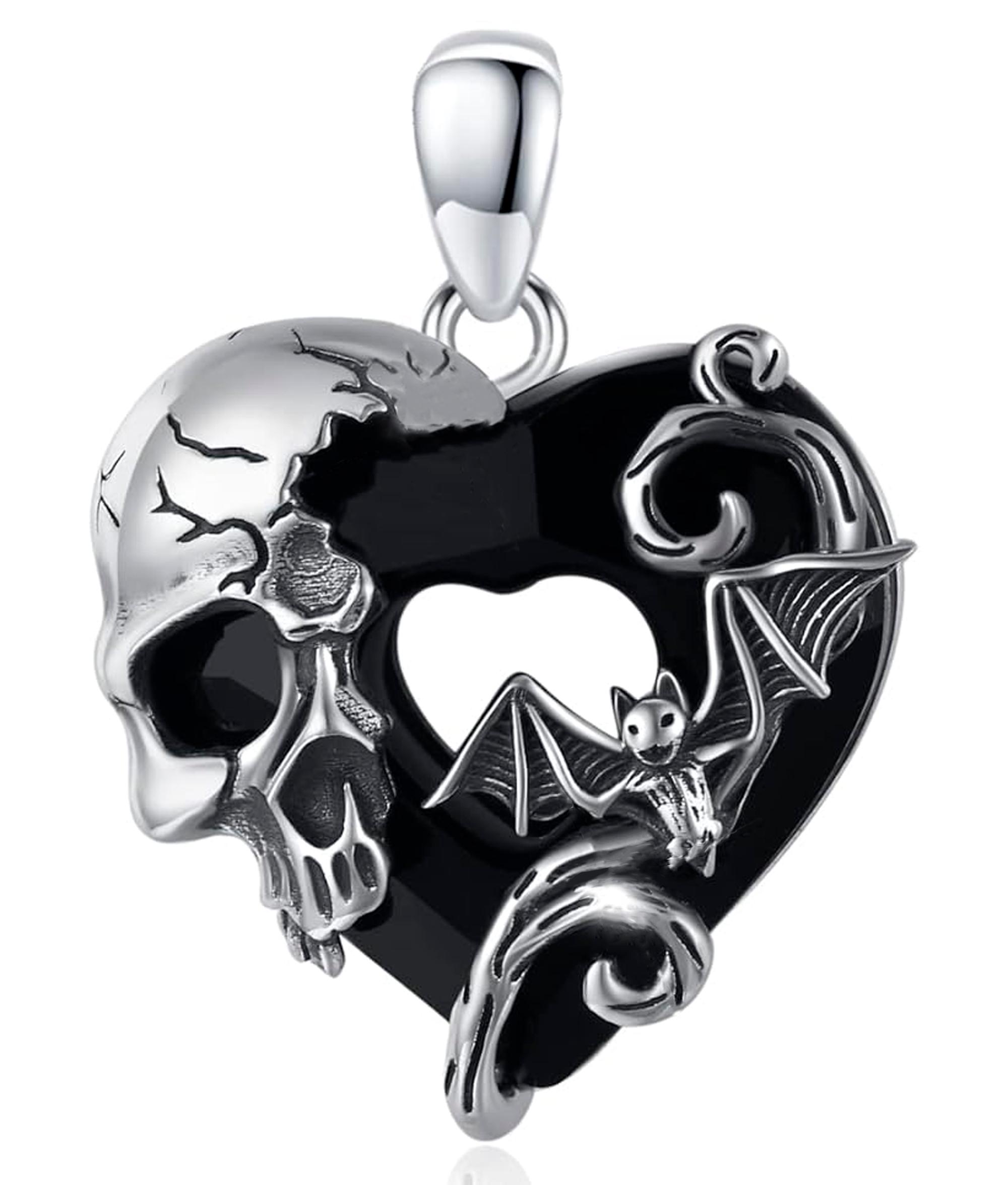 Schwarzer Herzanhänger mit Totenkopf & Fledermaus | Mystischer Schmuck – Bild 2
