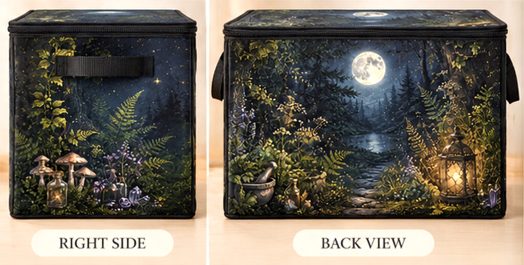 große faltbare Stoff-Box „Waldsee im Vollmond“ 40×30×30 cm | exklusives Hexenzeug-Design