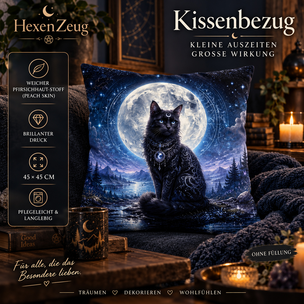 Kissenbezug „Mondkatze“ 45x45cm – mit exklusivem Hexenzeug-Motiv – Bild 3